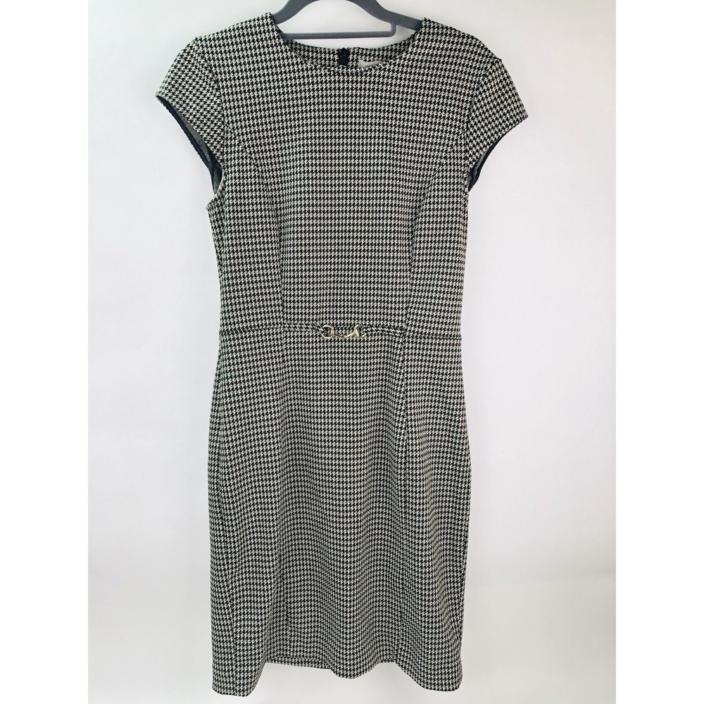 H&M Womens 4 Sheath Dress Black White Houndstooth Stretch Knee Length Belted